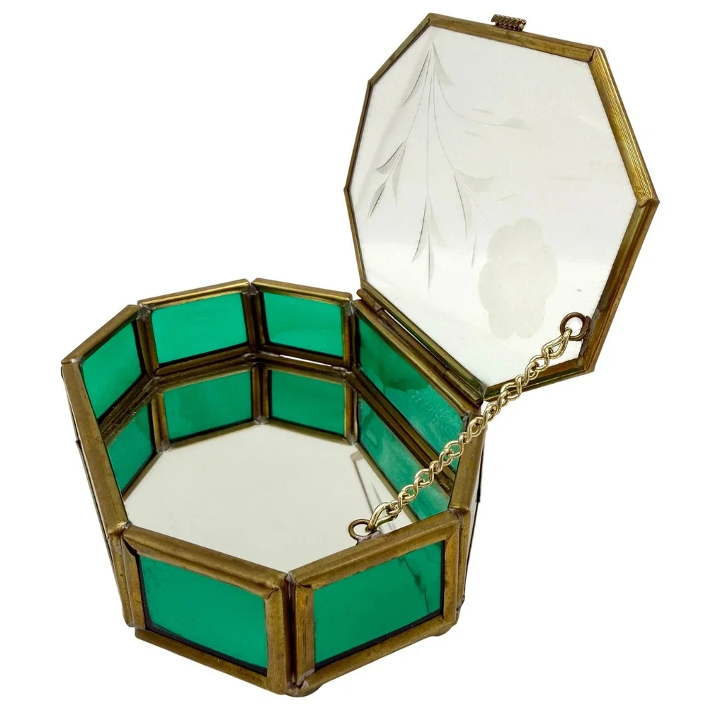 Vintage Emerald Green Glass Jewelry Trinket Box Etched Floral Brass Via Vermont